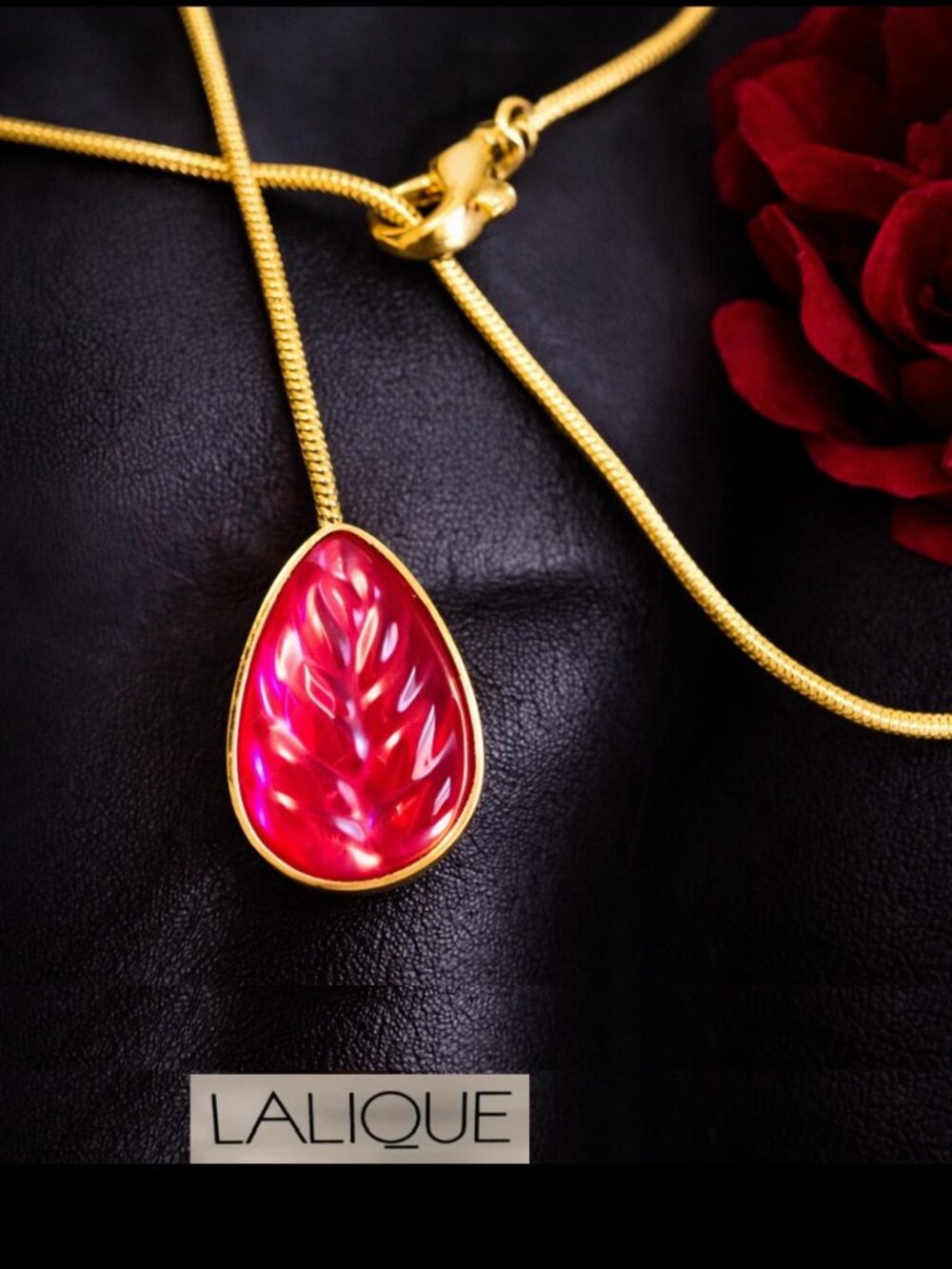 LALIQUE Heliconia Ruby Red Crystal Pendant Gold Plate Art Deco France 19" Rare